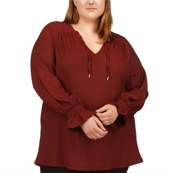 MICHAEL Michael Kors Burgundy Smocked Sleeve Textured Top Size 4X - Picture 1 of 13